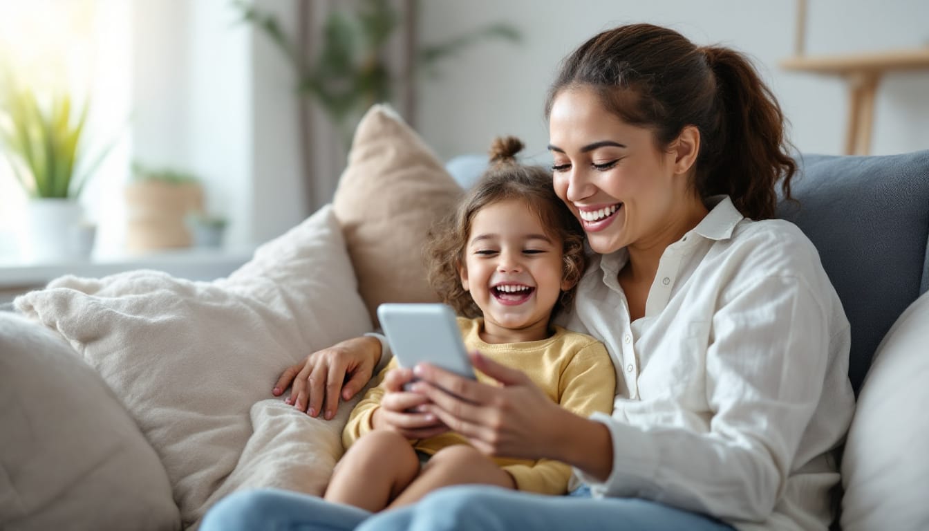 Mama z dzieckiem tworzą życzenia na Dzień Dziecka na telefonie