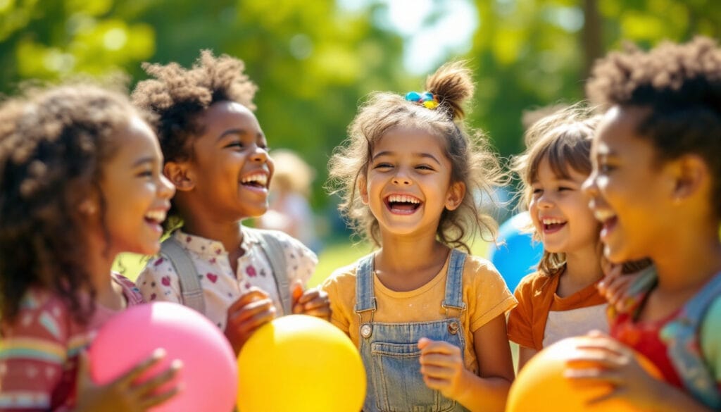 Życzenia na Dzień Dziecka – rośmiane dzieci z kolorowymi balonami w parku