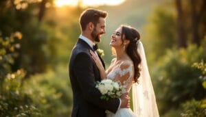 Życzenia ślubne – uśmiechnięta para młoda w złotym świetle