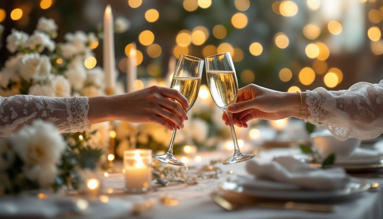 Toast weselny – kieliszki szampana nad zastawionym stołem